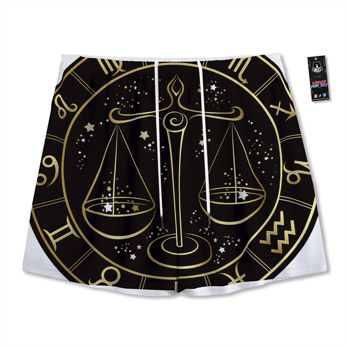 Libra Sign Black And Gold Print Mesh Shorts
