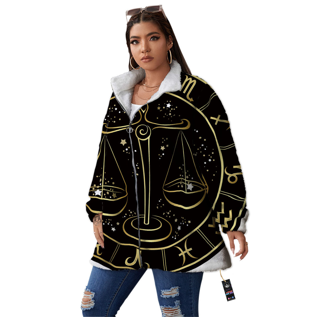 Libra Sign Black And Gold Print Women's Sherpa Jacket-grizzshop