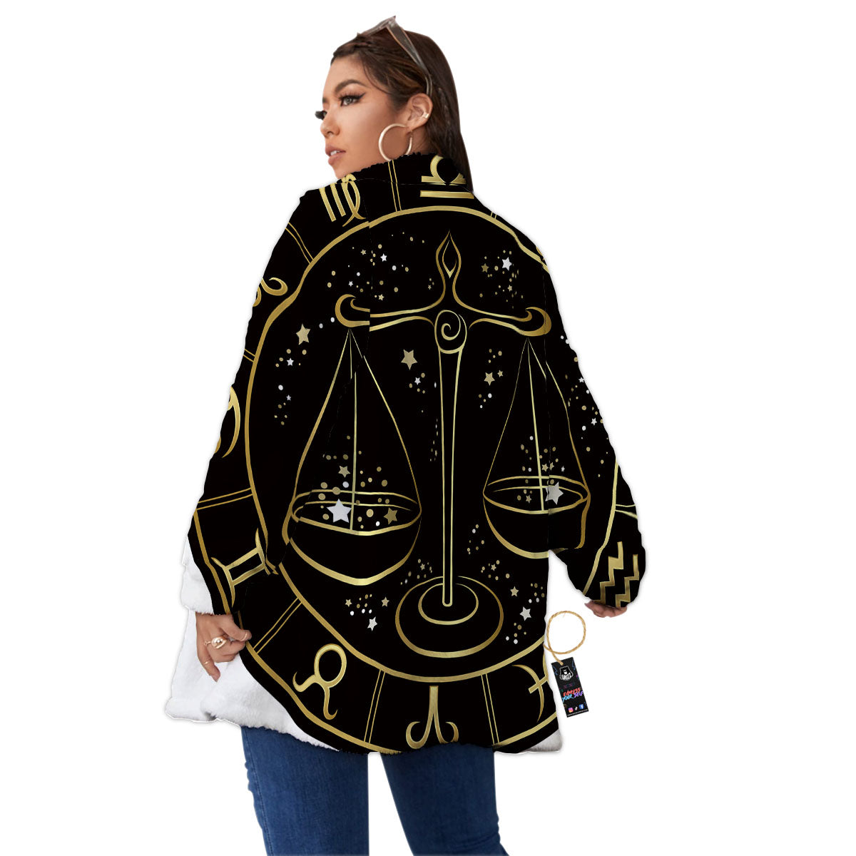Libra Sign Black And Gold Print Women's Sherpa Jacket-grizzshop
