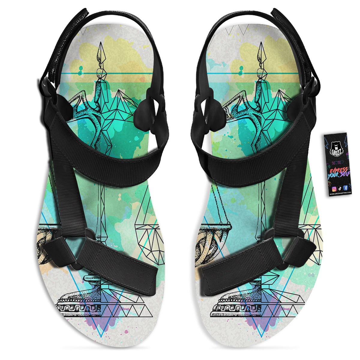 Libra Sign Colorful Print Black Open Toe Sandals-grizzshop