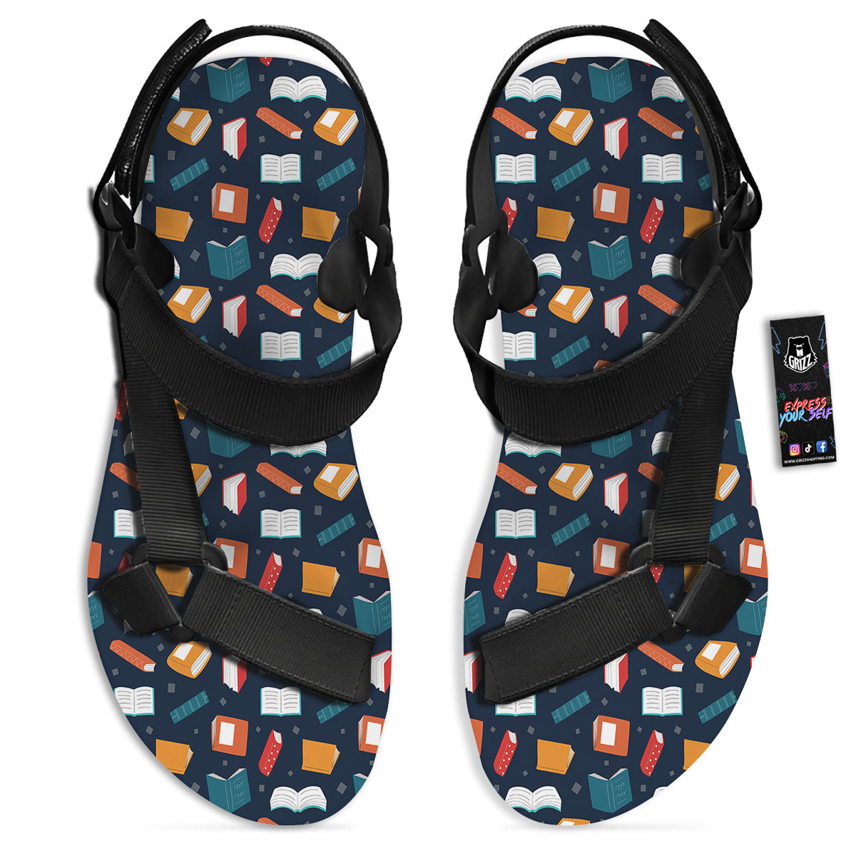 Library Reading Print Pattern Black Open Toe Sandals-grizzshop