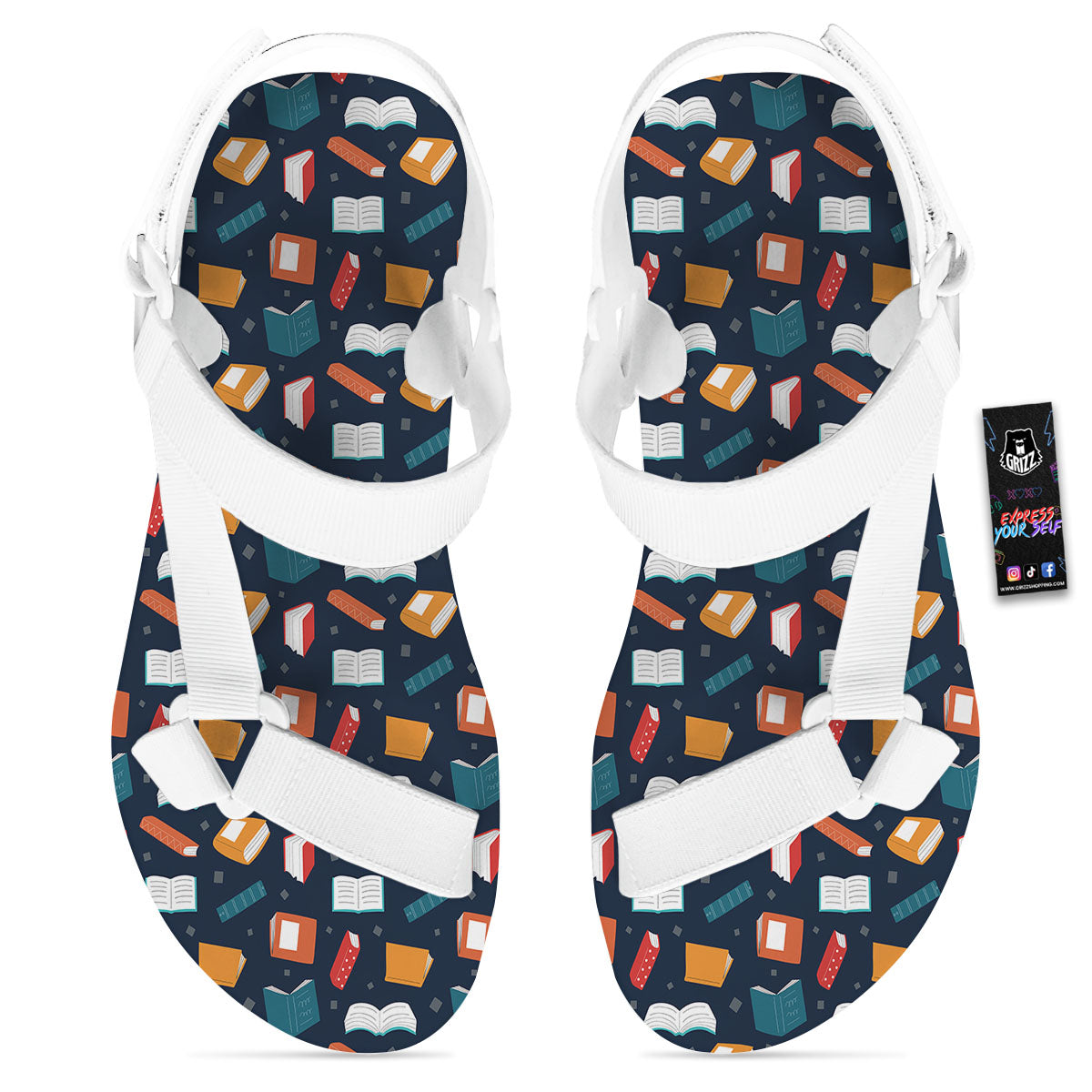 Library Reading Print Pattern White Open Toe Sandals-grizzshop