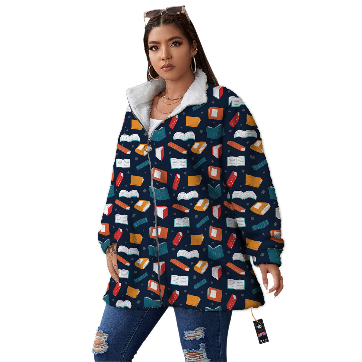 Library Reading Print Pattern Women's Sherpa Jacket-grizzshop