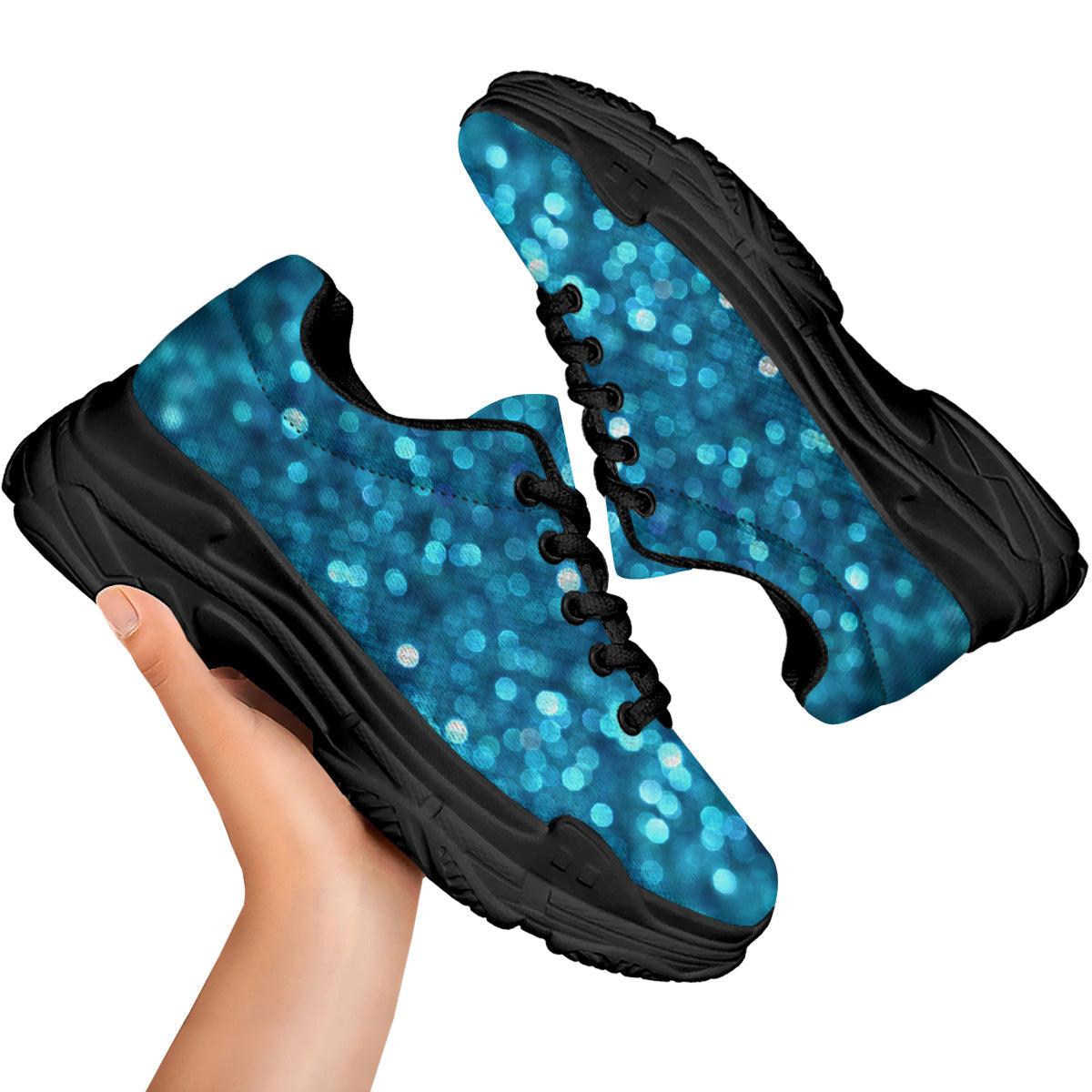 Light Blue Sparkle Print Black Chunky Shoes-grizzshop