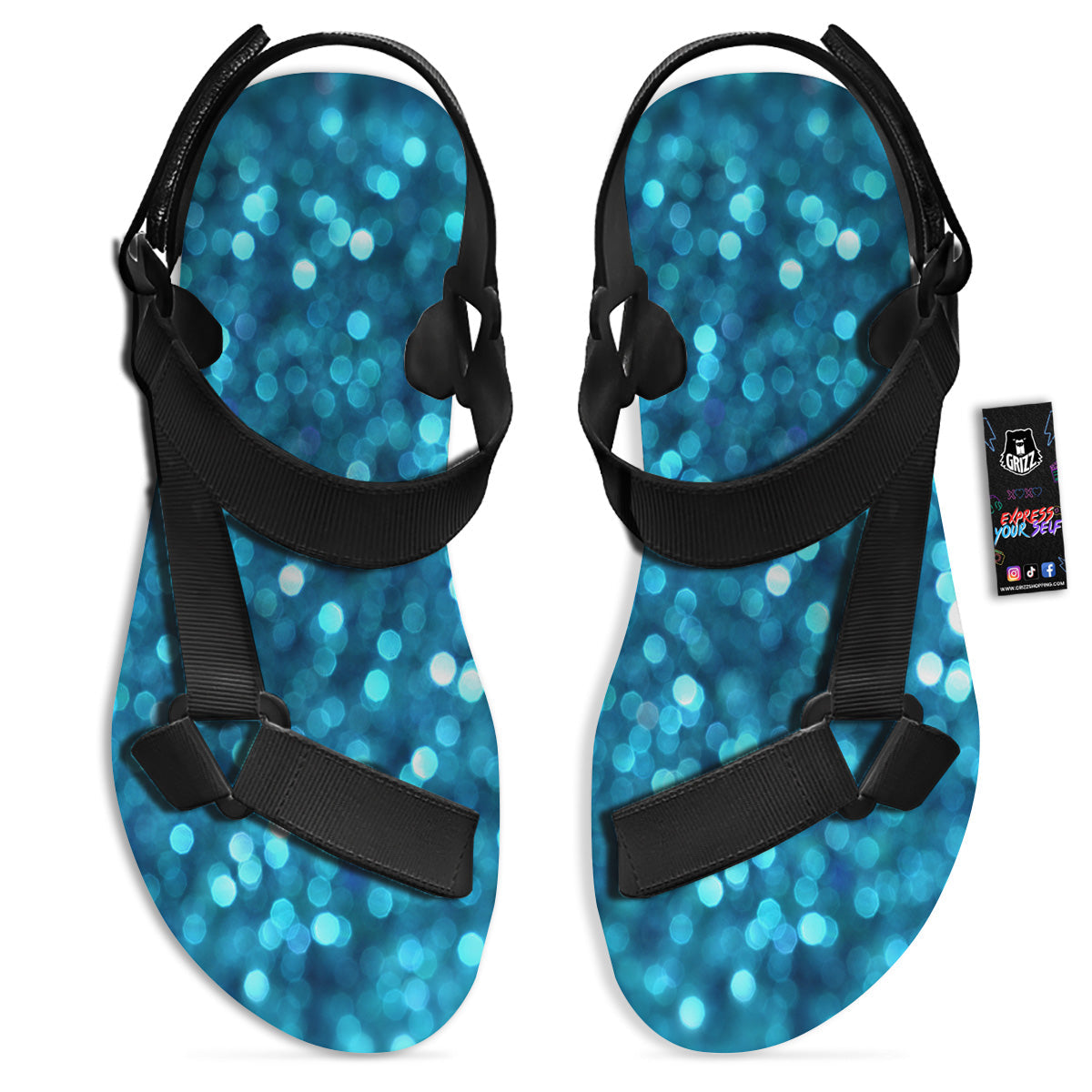 Light Blue Sparkle Print Black Open Toe Sandals-grizzshop