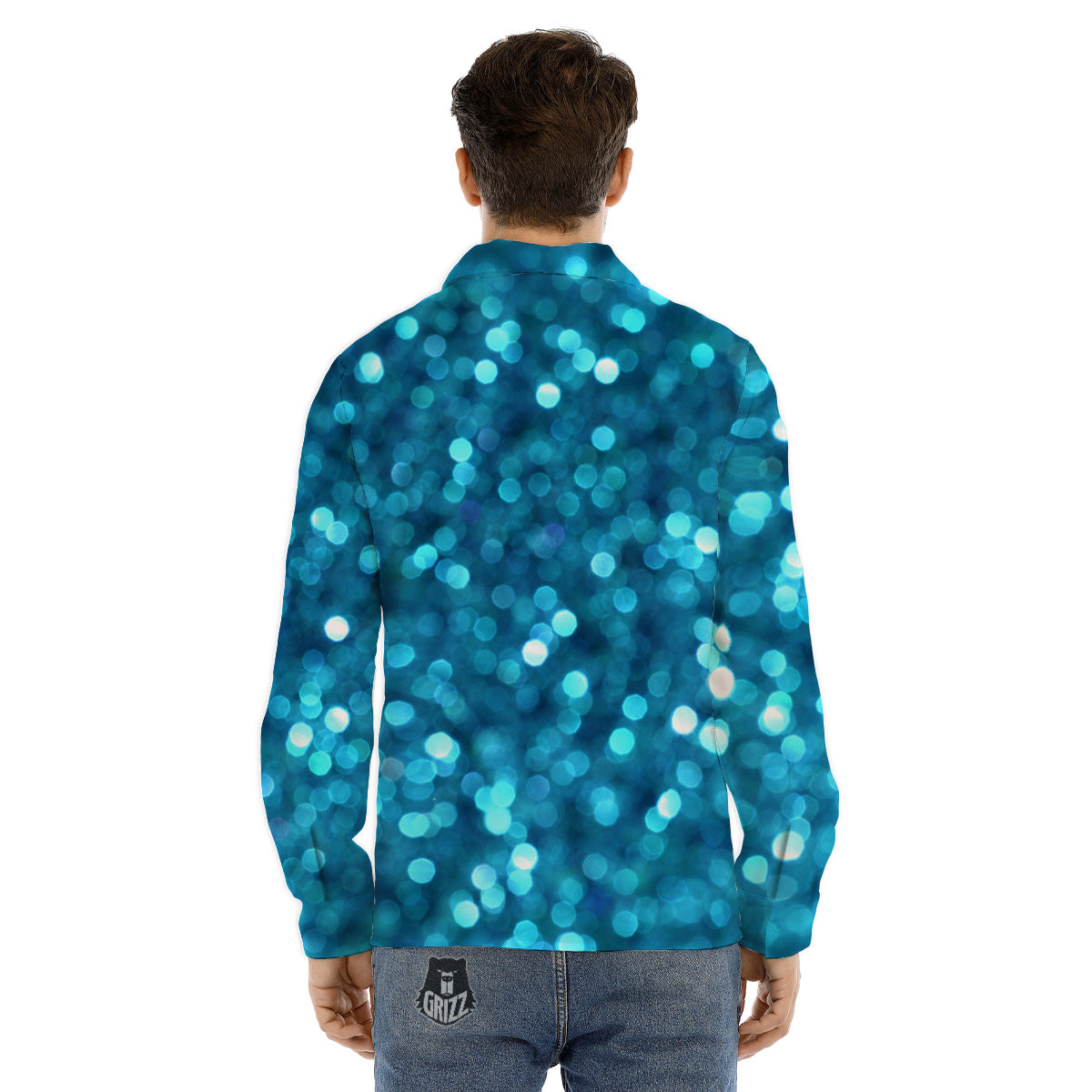 Light Blue Sparkle Print Men's Dress Shirts-grizzshop