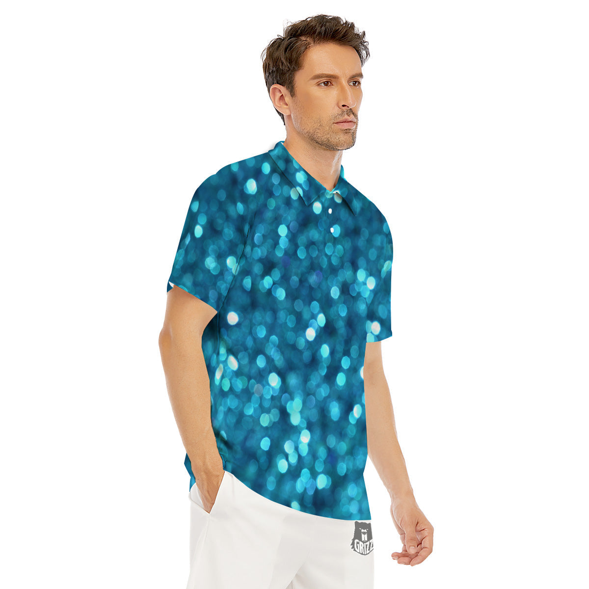 Light Blue Sparkle Print Men's Golf Shirts-grizzshop