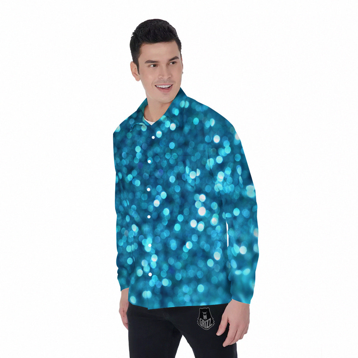 Light Blue Sparkle Print Men's Long Sleeve Shirts-grizzshop