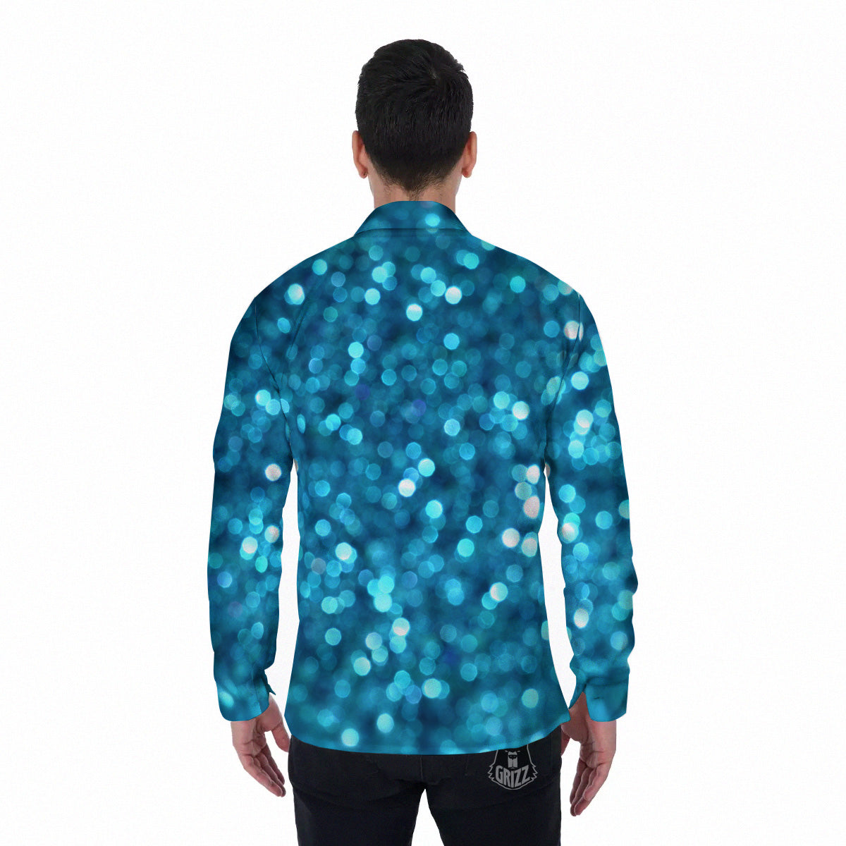 Light Blue Sparkle Print Men's Long Sleeve Shirts-grizzshop