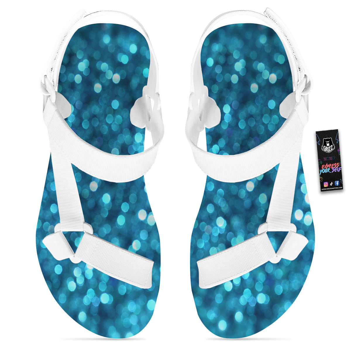 Light Blue Sparkle Print White Open Toe Sandals-grizzshop