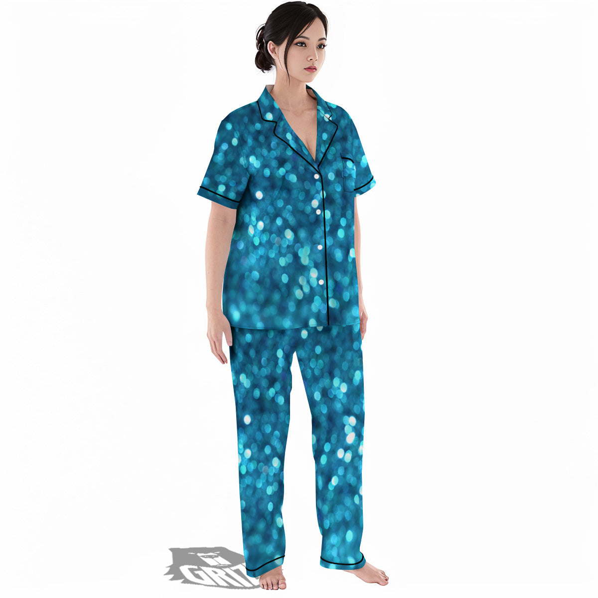 Light Blue Sparkle Print Women's Pajamas Set-grizzshop