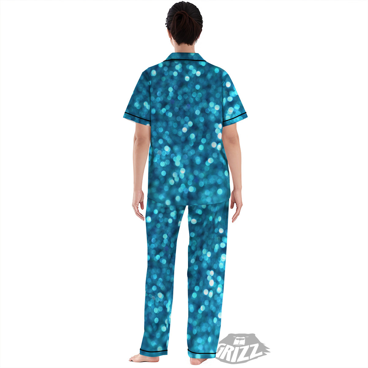 Light Blue Sparkle Print Women's Pajamas Set-grizzshop