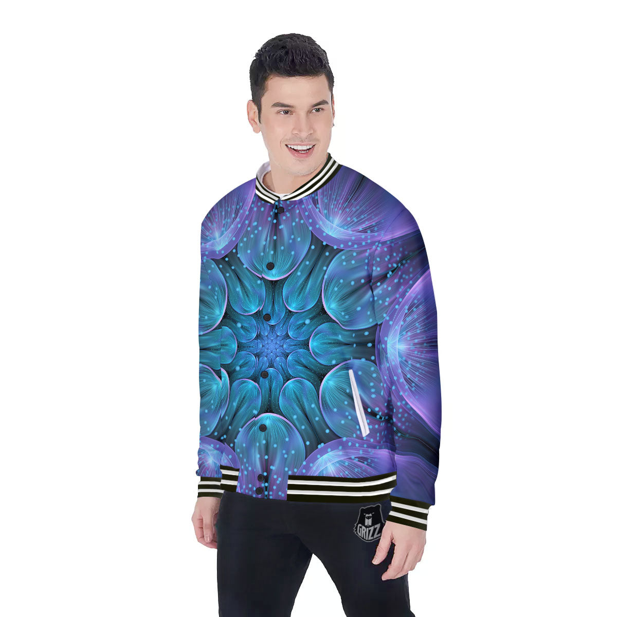 Light Mandala Blue And Purple Print Baseball Jacket-grizzshop