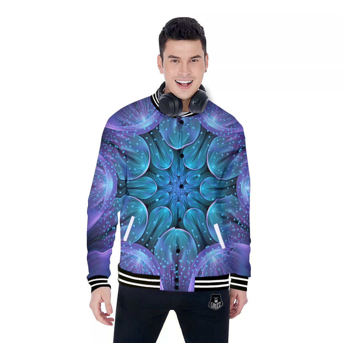 Light Mandala Blue And Purple Print Baseball Jacket-grizzshop