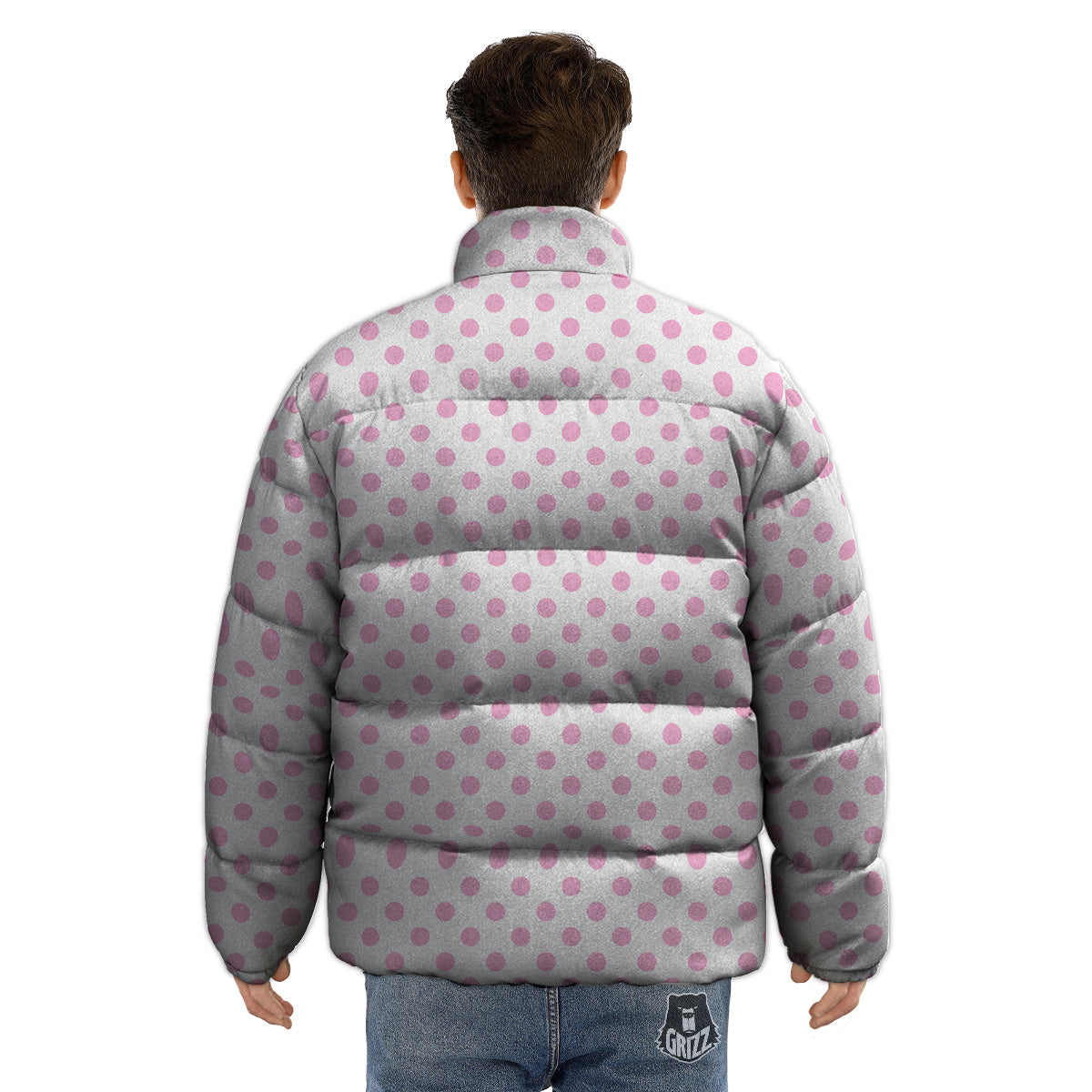 Light Pink Dots And White Print Pattern Puffer Jacket-grizzshop