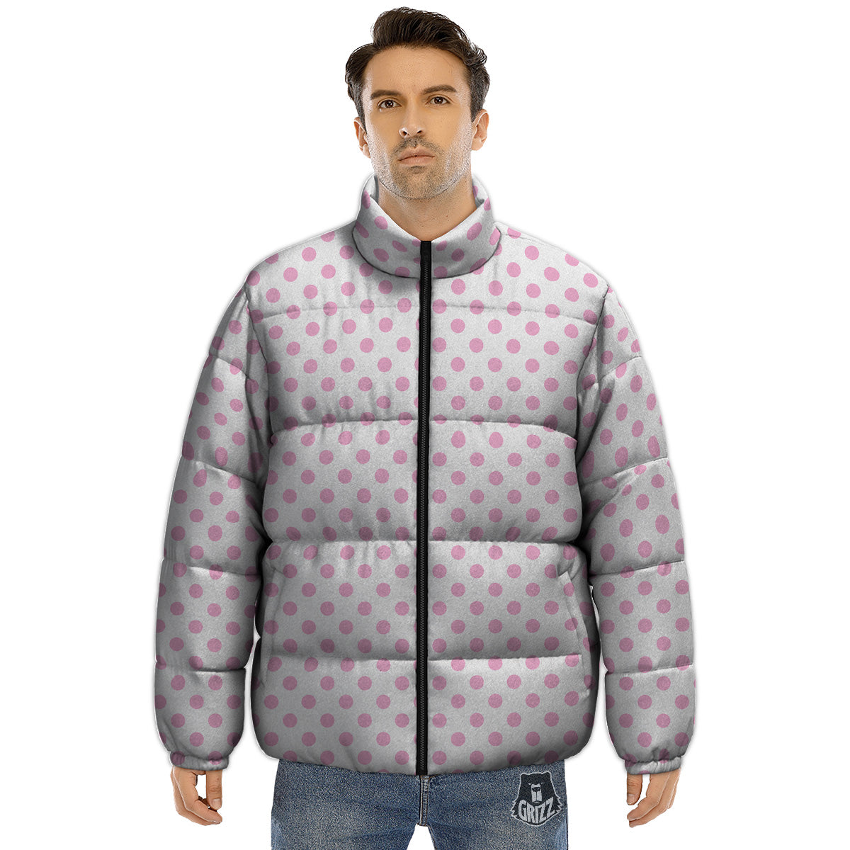 Light Pink Dots And White Print Pattern Puffer Jacket-grizzshop