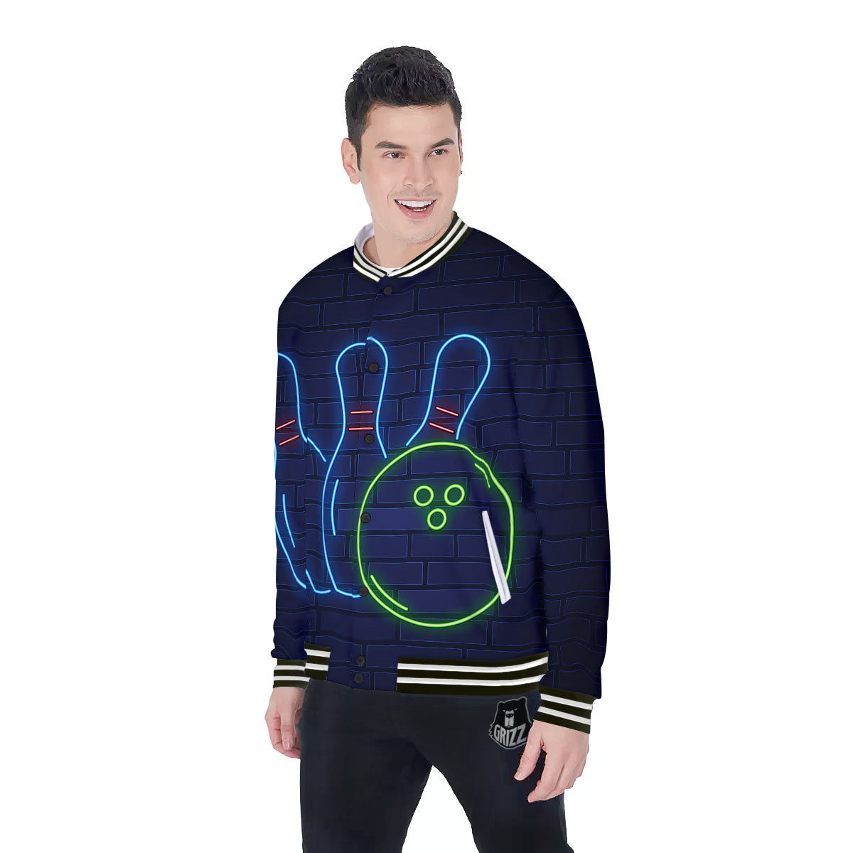 Light Up Bowling Pins Print Baseball Jacket-grizzshop