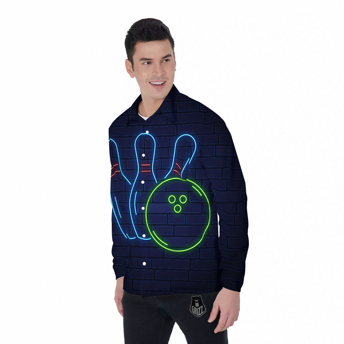 Light Up Bowling Pins Print Men's Long Sleeve Shirts-grizzshop