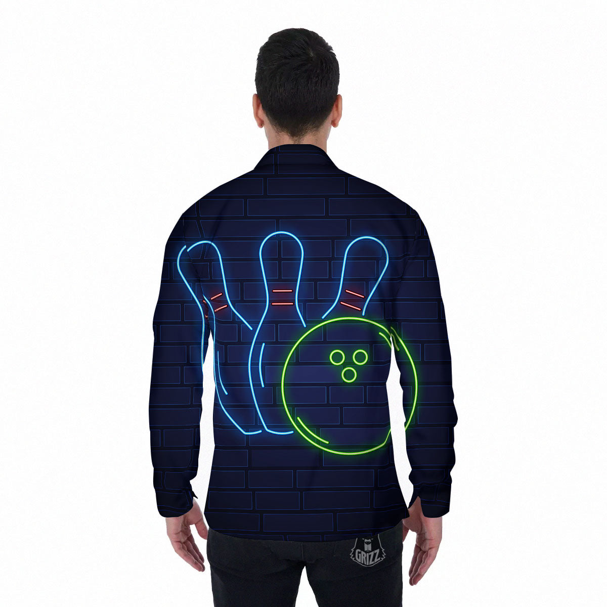 Light Up Bowling Pins Print Men's Long Sleeve Shirts-grizzshop
