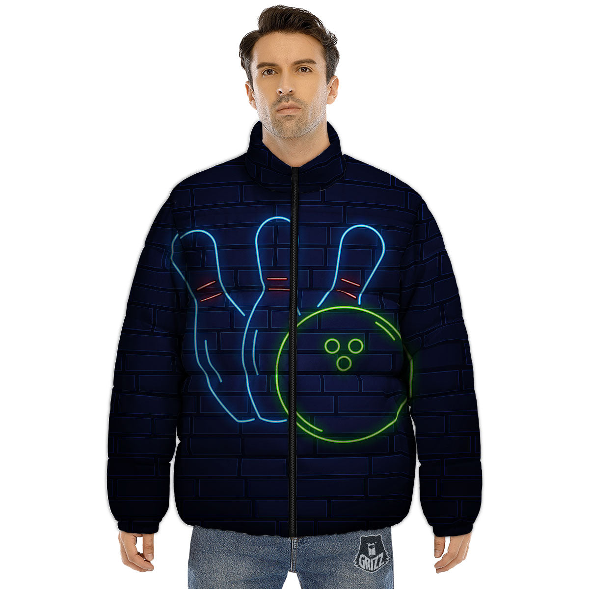 Light Up Bowling Pins Print Puffer Jacket-grizzshop