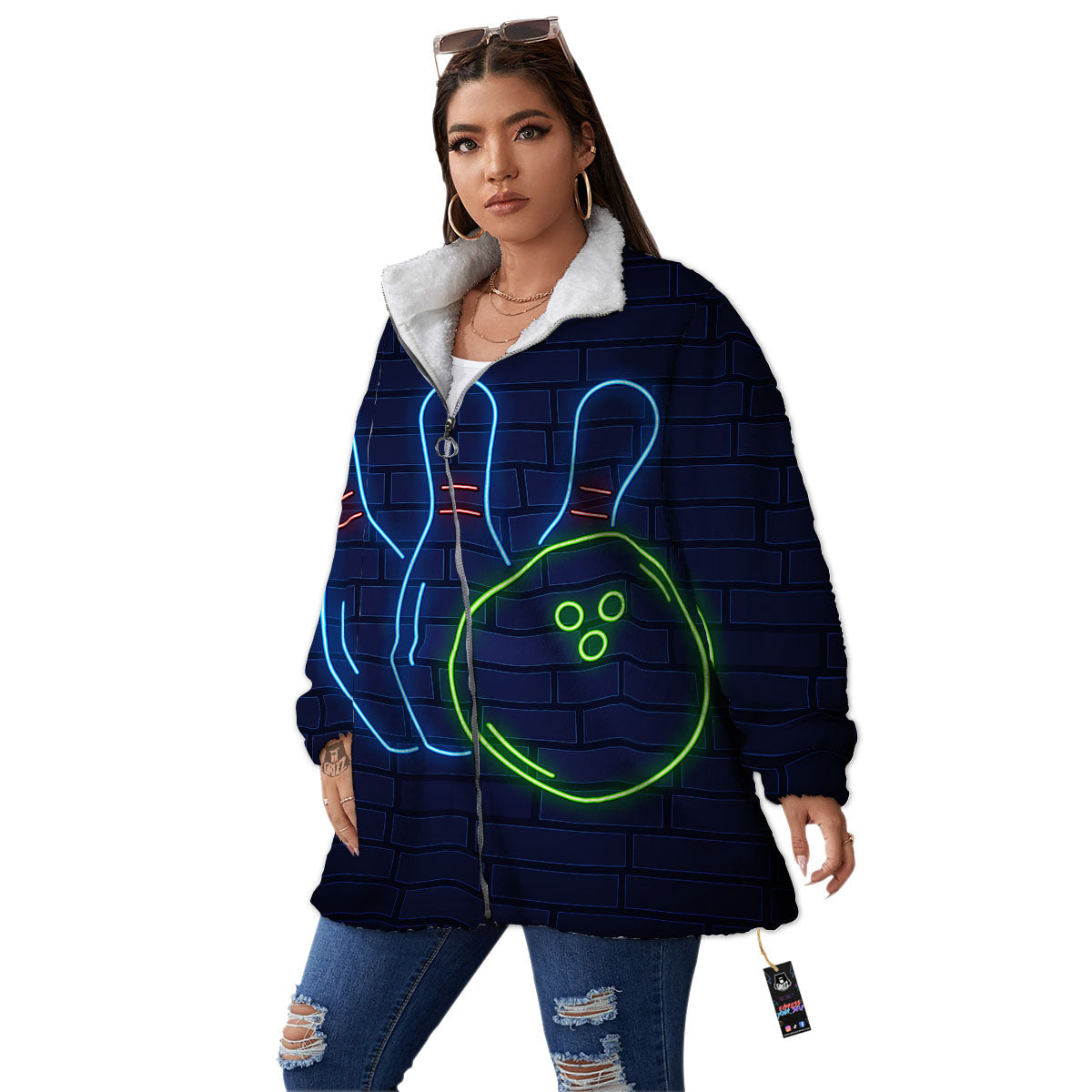 Light Up Bowling Pins Print Women's Sherpa Jacket-grizzshop