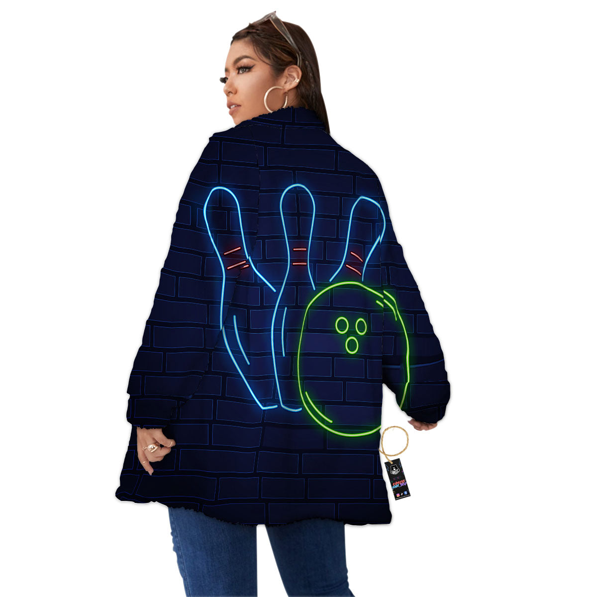 Light Up Bowling Pins Print Women's Sherpa Jacket-grizzshop