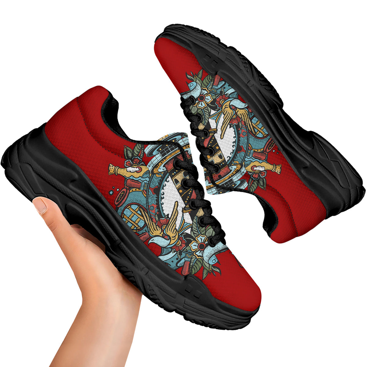 Lighthouse Sea Adventure Tattoo Print Black Chunky Shoes-grizzshop