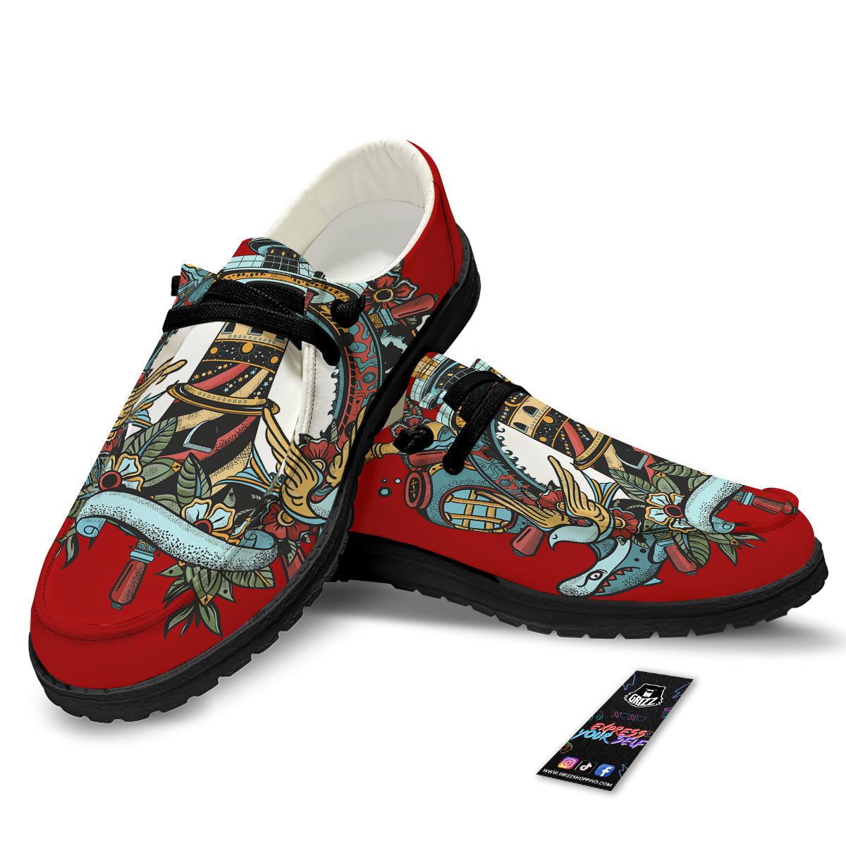 Lighthouse Sea Adventure Tattoo Print Black Loafers-grizzshop