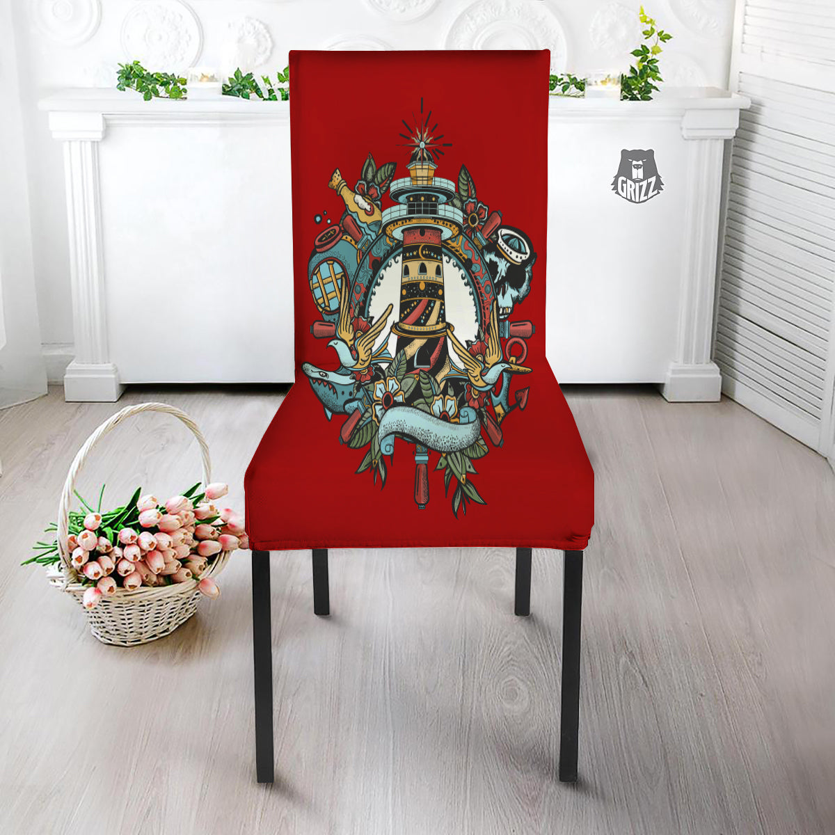 Lighthouse Sea Adventure Tattoo Print Dining Chair Slipcover-grizzshop