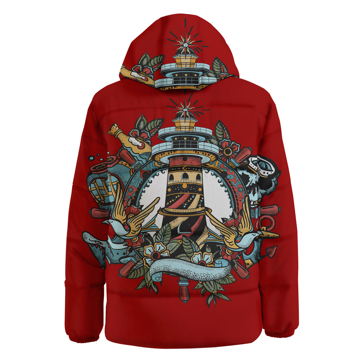 Lighthouse Sea Adventure Tattoo Print Down Jacket-grizzshop