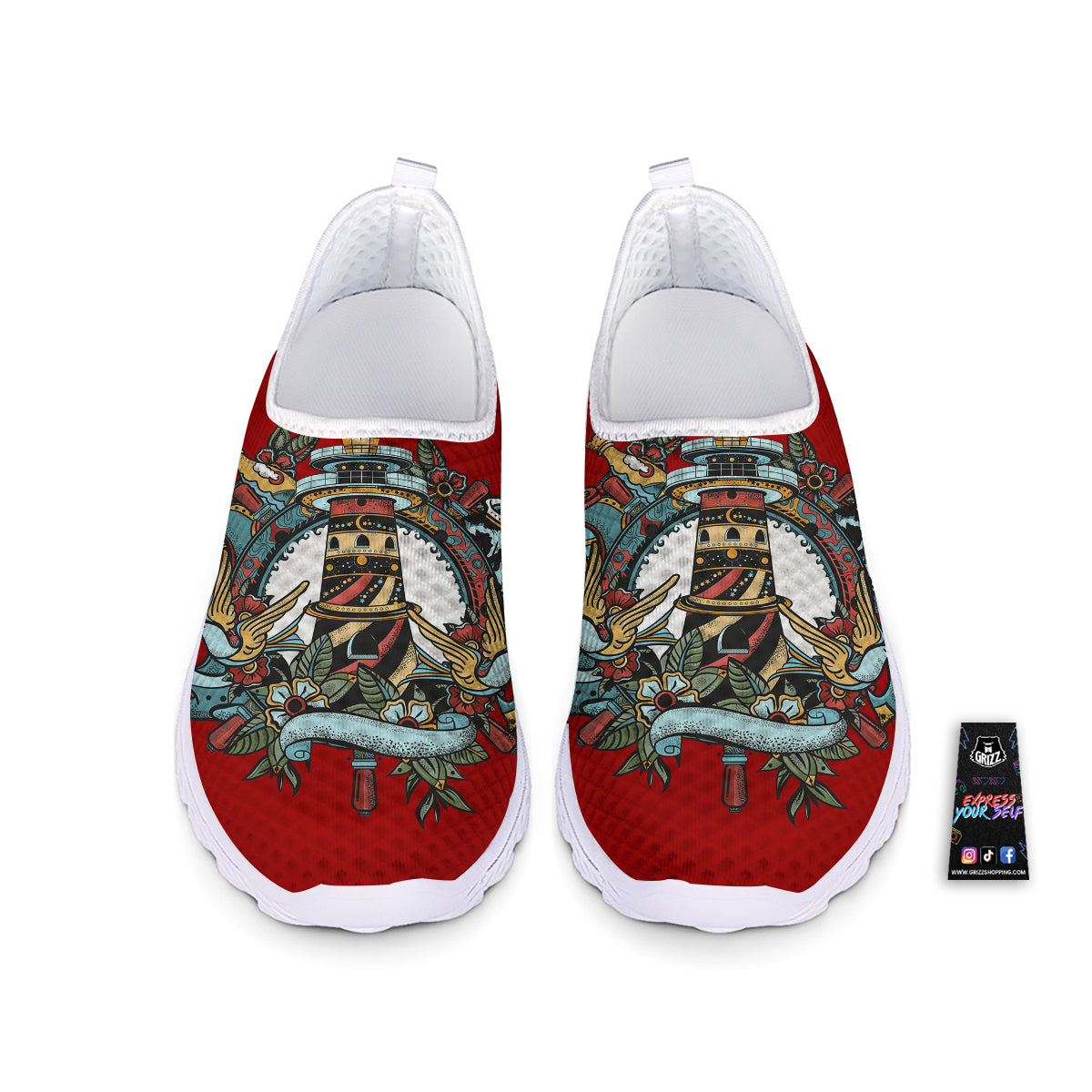 Lighthouse Sea Adventure Tattoo Print Nurse Shoes-grizzshop