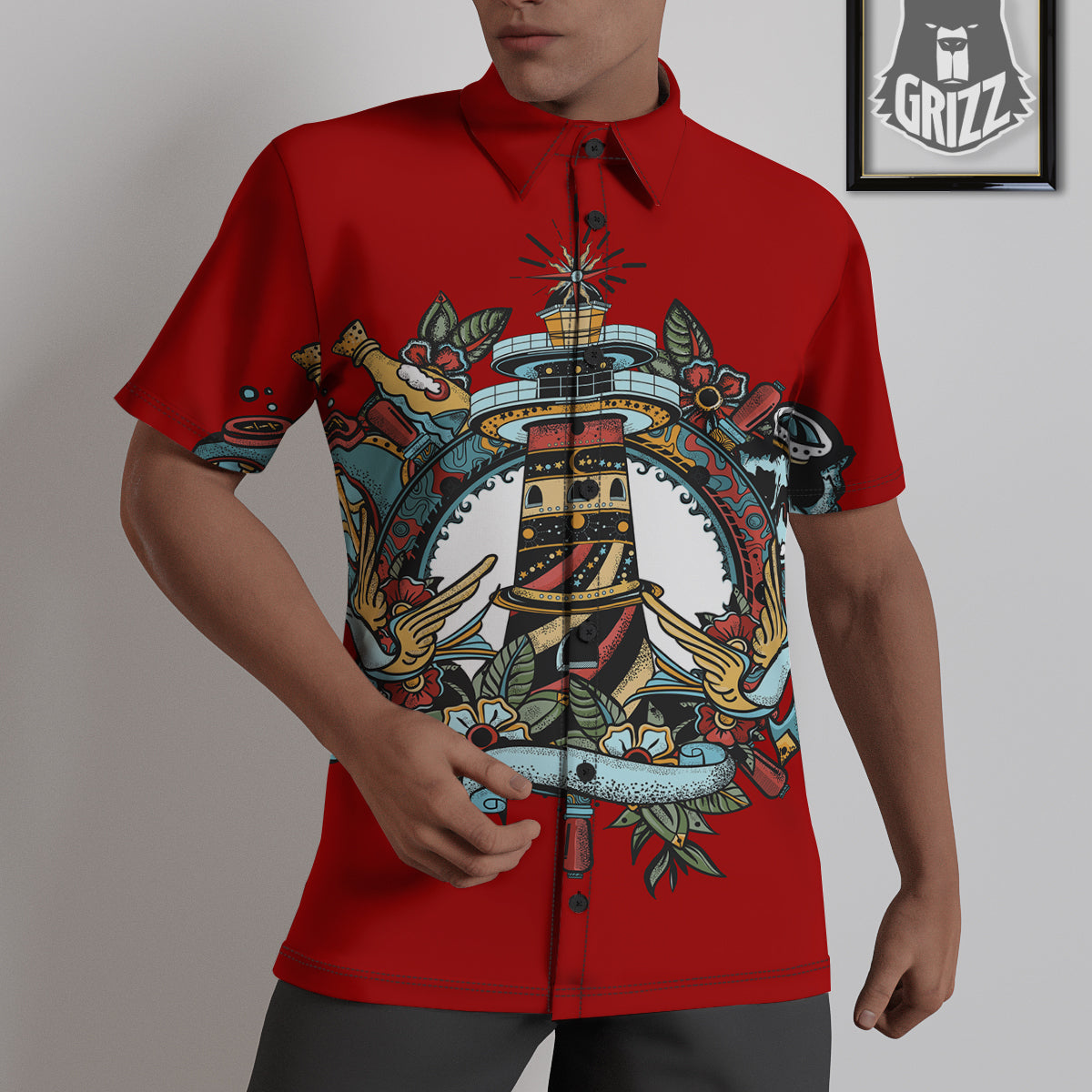 Lighthouse Sea Adventure Tattoo Print Untucked Shirts-grizzshop