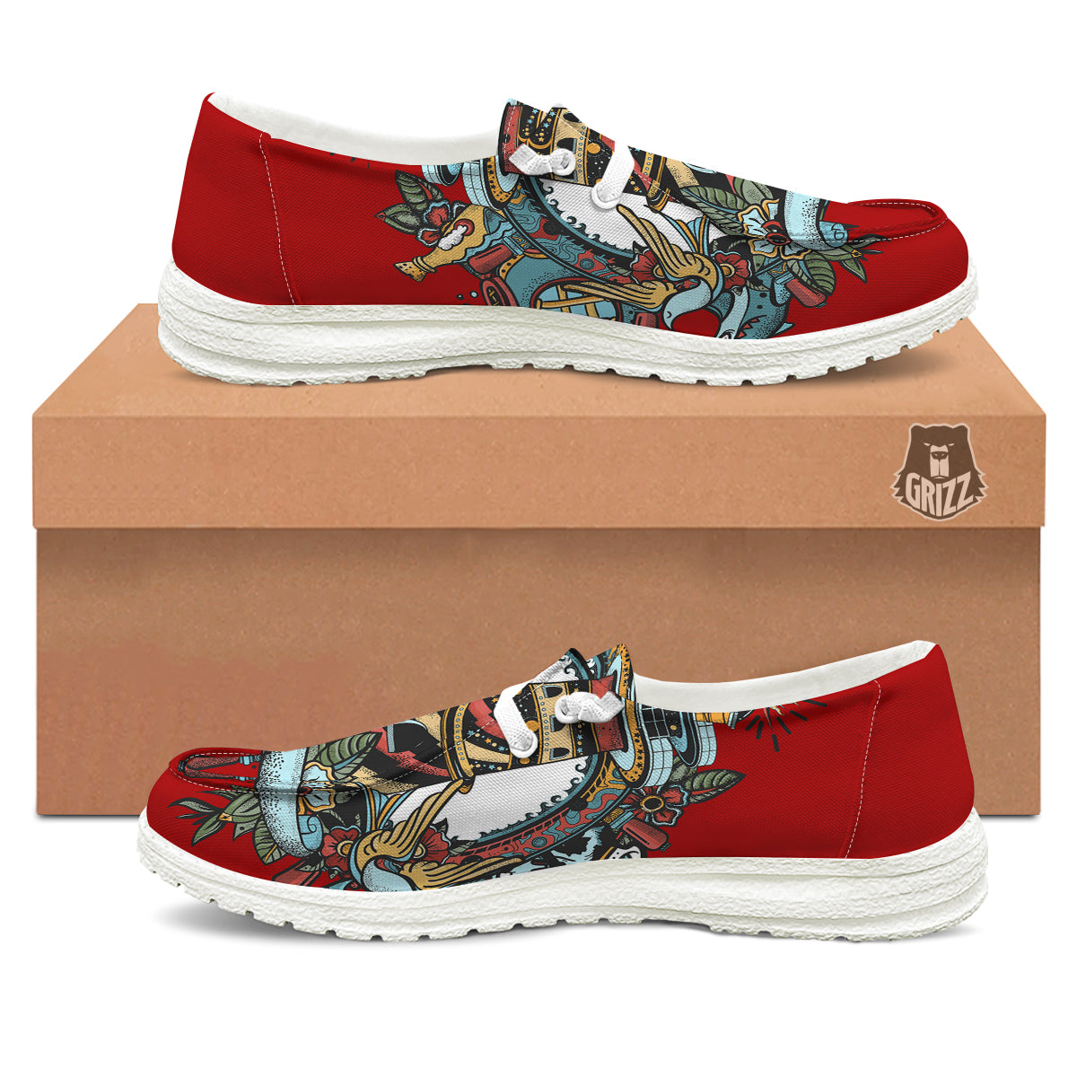 Lighthouse Sea Adventure Tattoo Print White Loafers-grizzshop