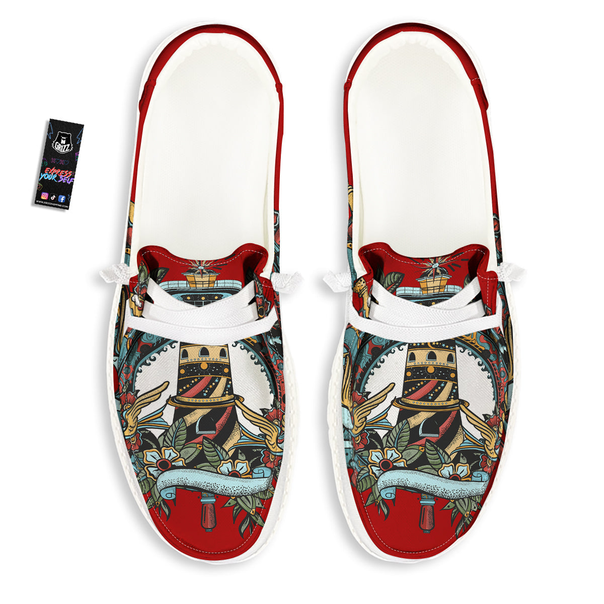 Lighthouse Sea Adventure Tattoo Print White Loafers-grizzshop