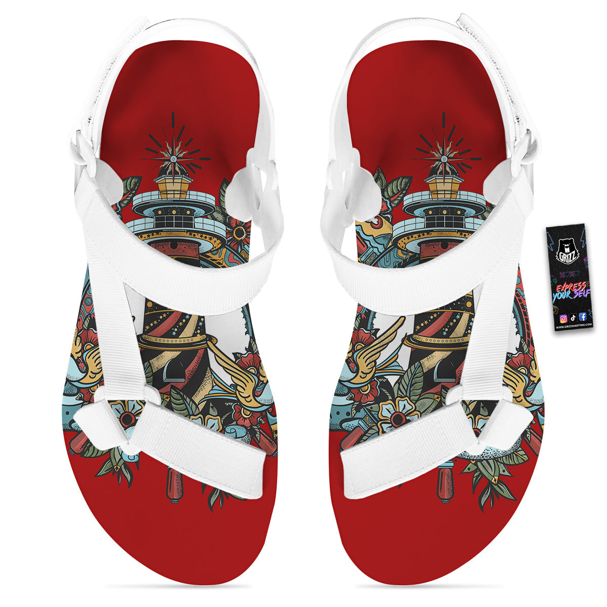 Lighthouse Sea Adventure Tattoo Print White Open Toe Sandals-grizzshop