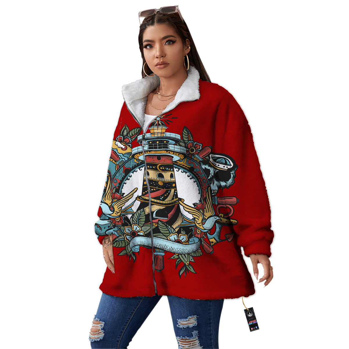 Lighthouse Sea Adventure Tattoo Print Women's Sherpa Jacket-grizzshop