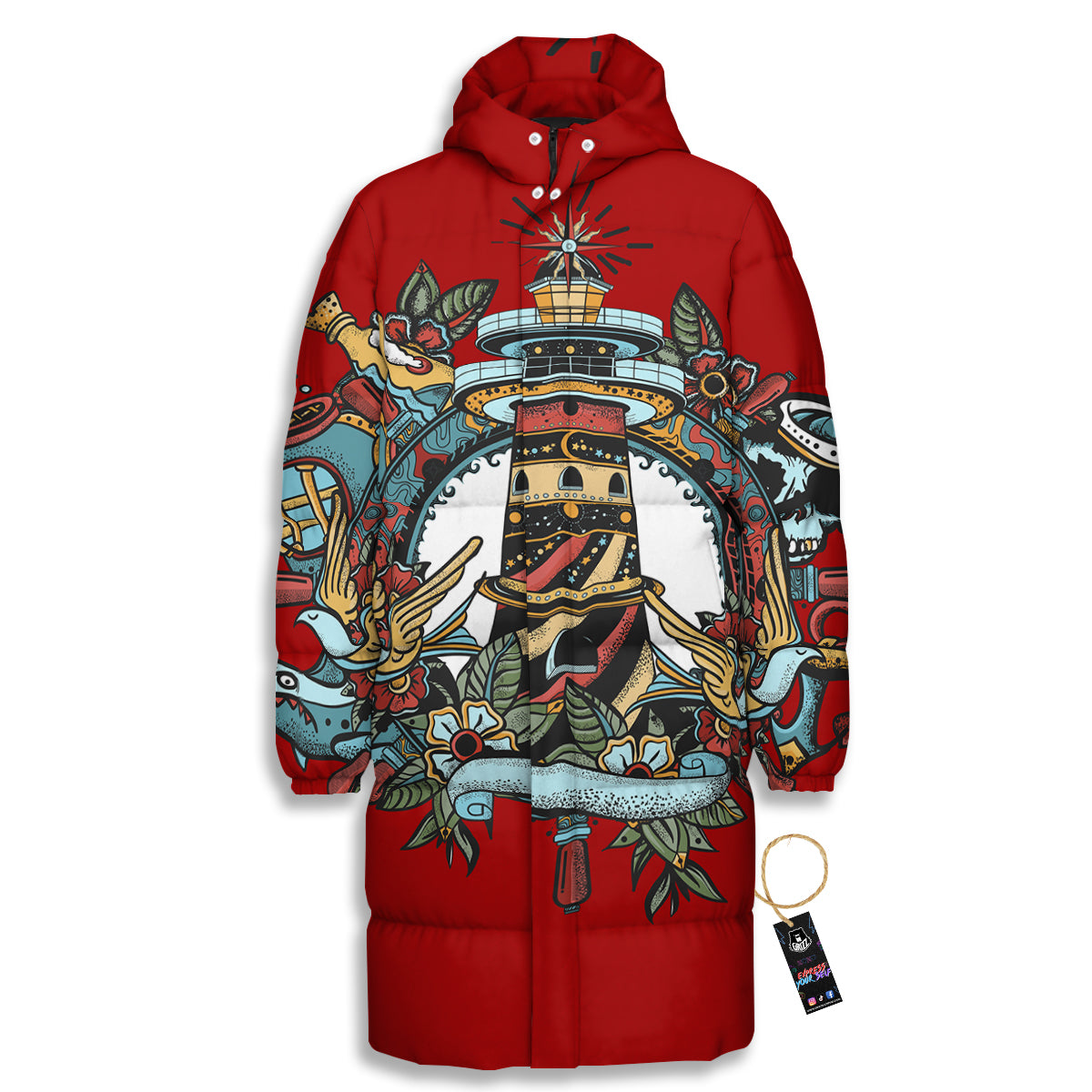 Lighthouse Sea Adventure Tattoo Print Long Down Jacket