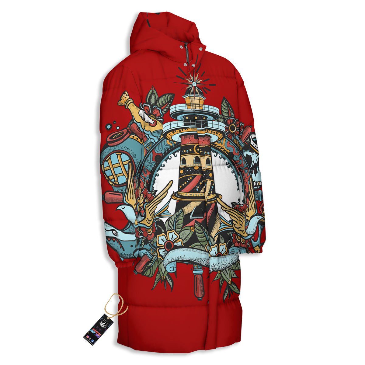 Lighthouse Sea Adventure Tattoo Print Long Down Jacket