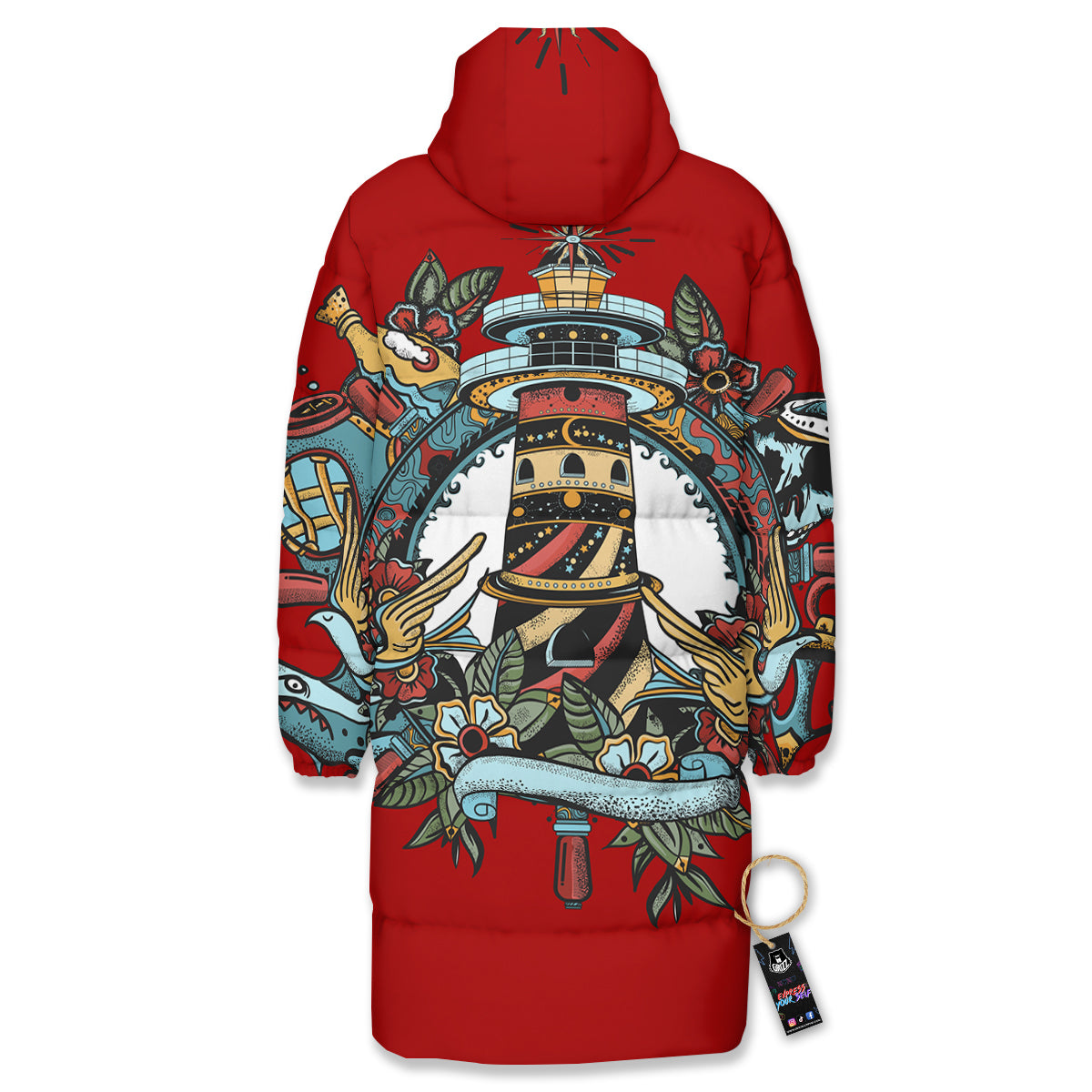 Lighthouse Sea Adventure Tattoo Print Long Down Jacket