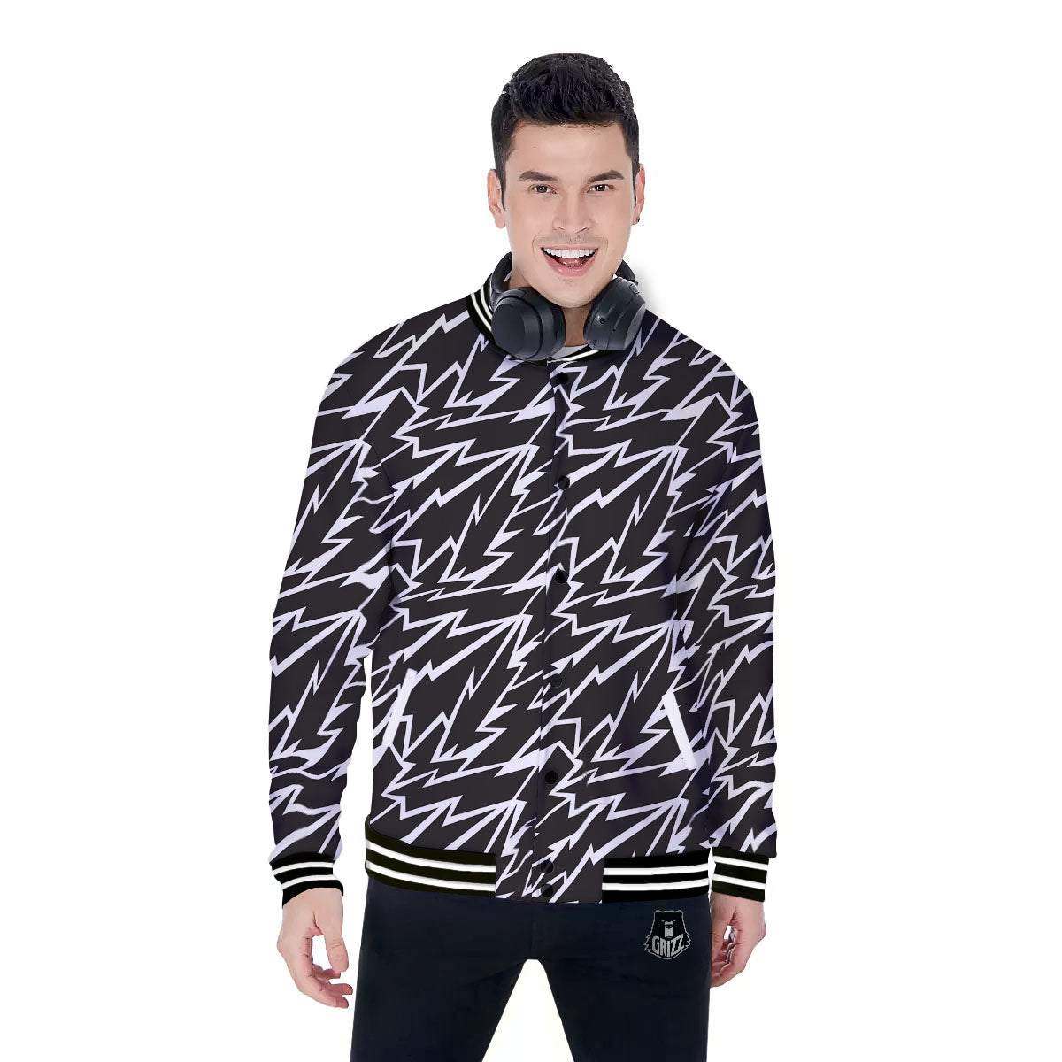 Lightning Black And White Print Pattern Baseball Jacket-grizzshop