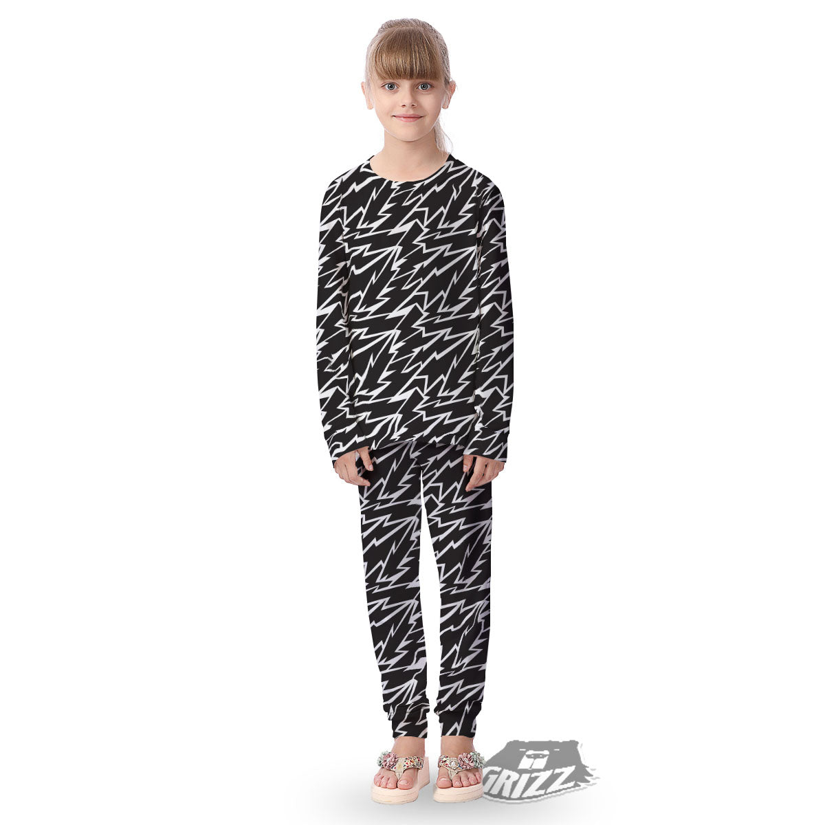 Lightning Black And White Print Pattern Kid's Pajamas-grizzshop