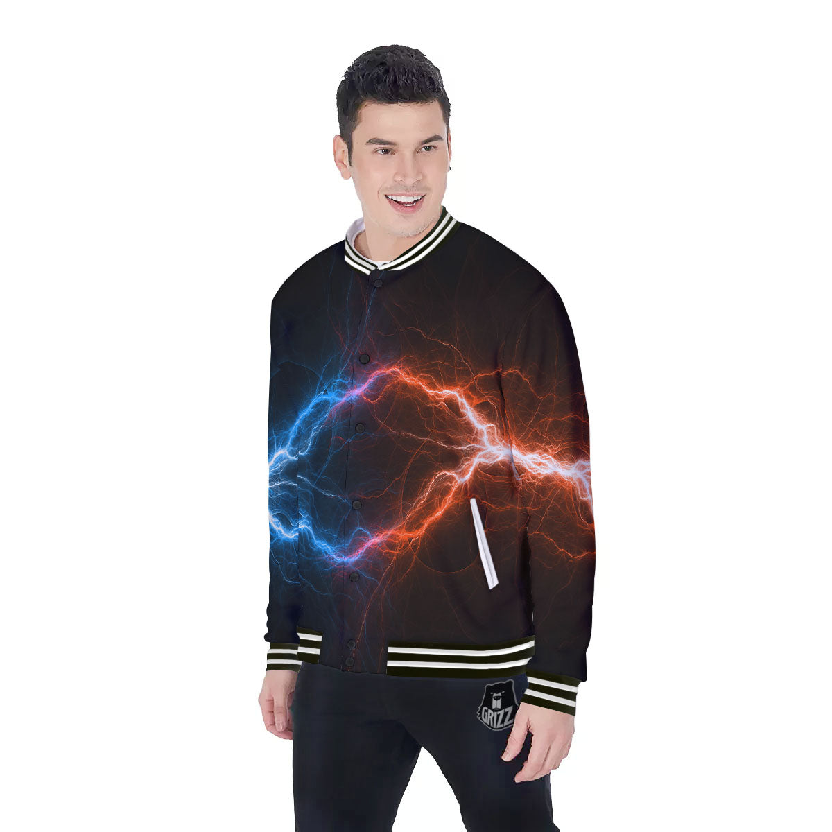 Lightning Blue And Red Print Baseball Jacket-grizzshop