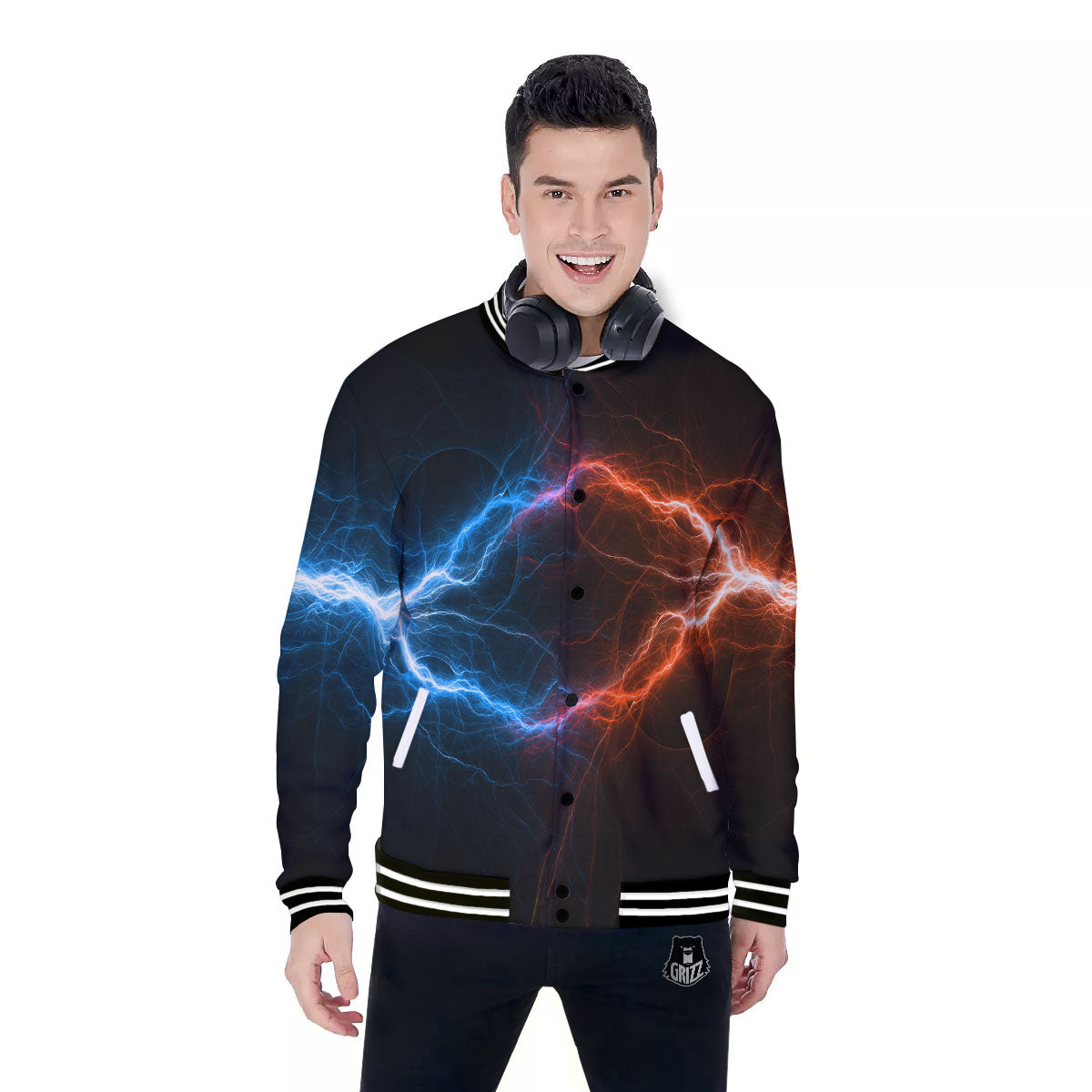 Lightning Blue And Red Print Baseball Jacket-grizzshop