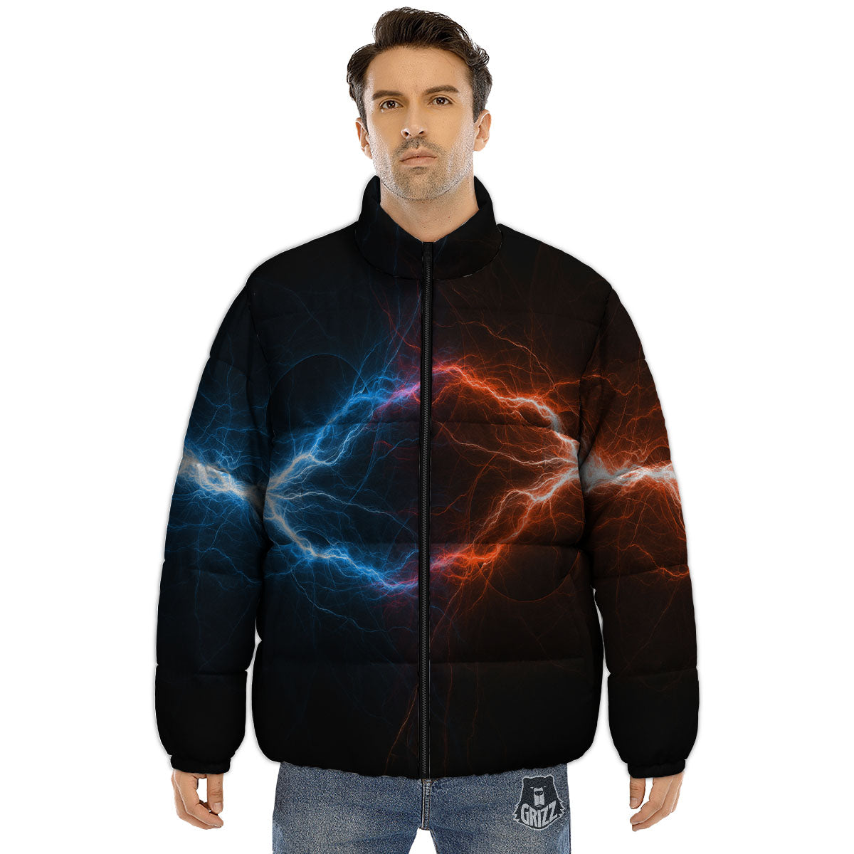 Lightning Blue And Red Print Puffer Jacket-grizzshop