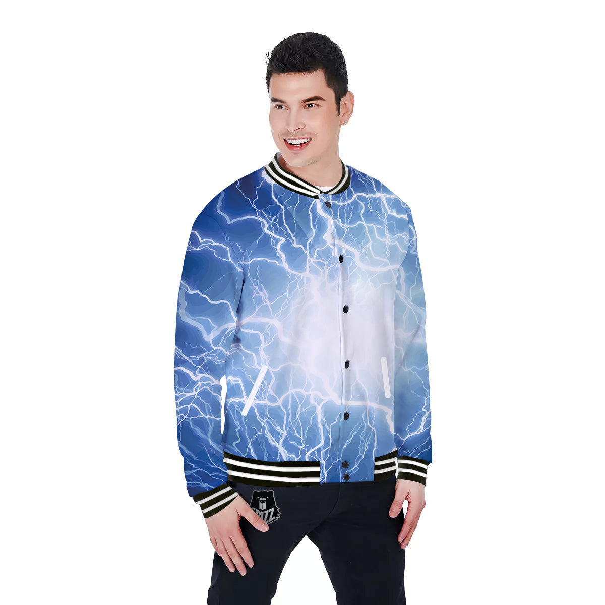 Lightning Blue Print Baseball Jacket-grizzshop