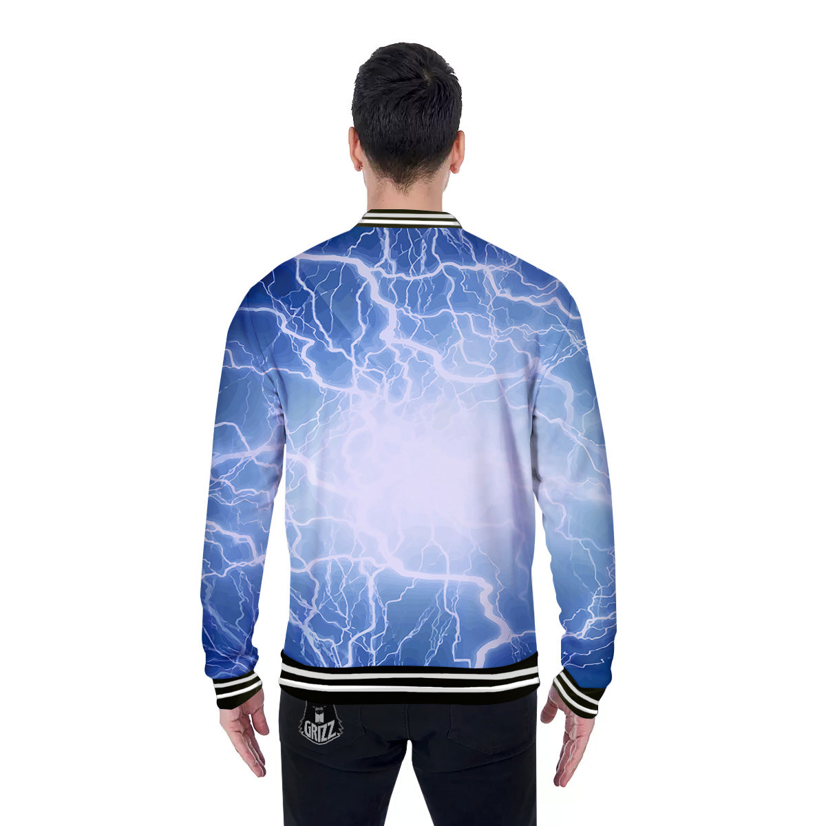 Lightning Blue Print Baseball Jacket-grizzshop