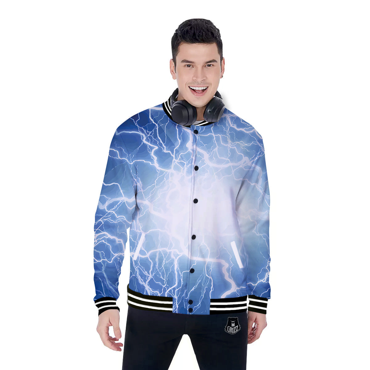 Lightning Blue Print Baseball Jacket-grizzshop