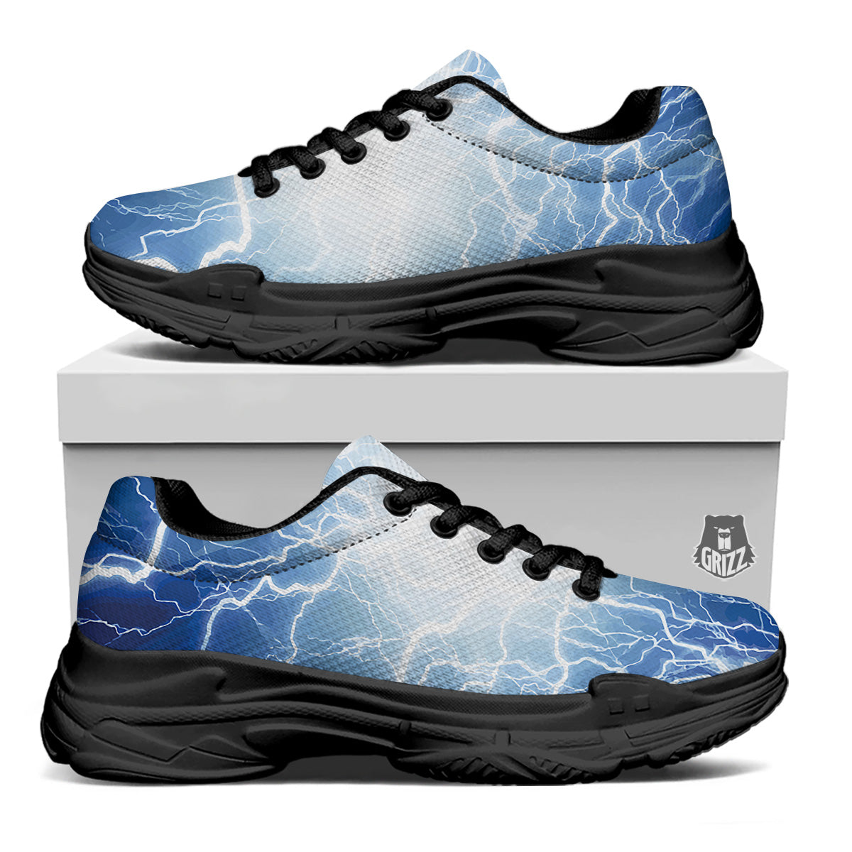 Lightning Blue Print Black Chunky Shoes-grizzshop