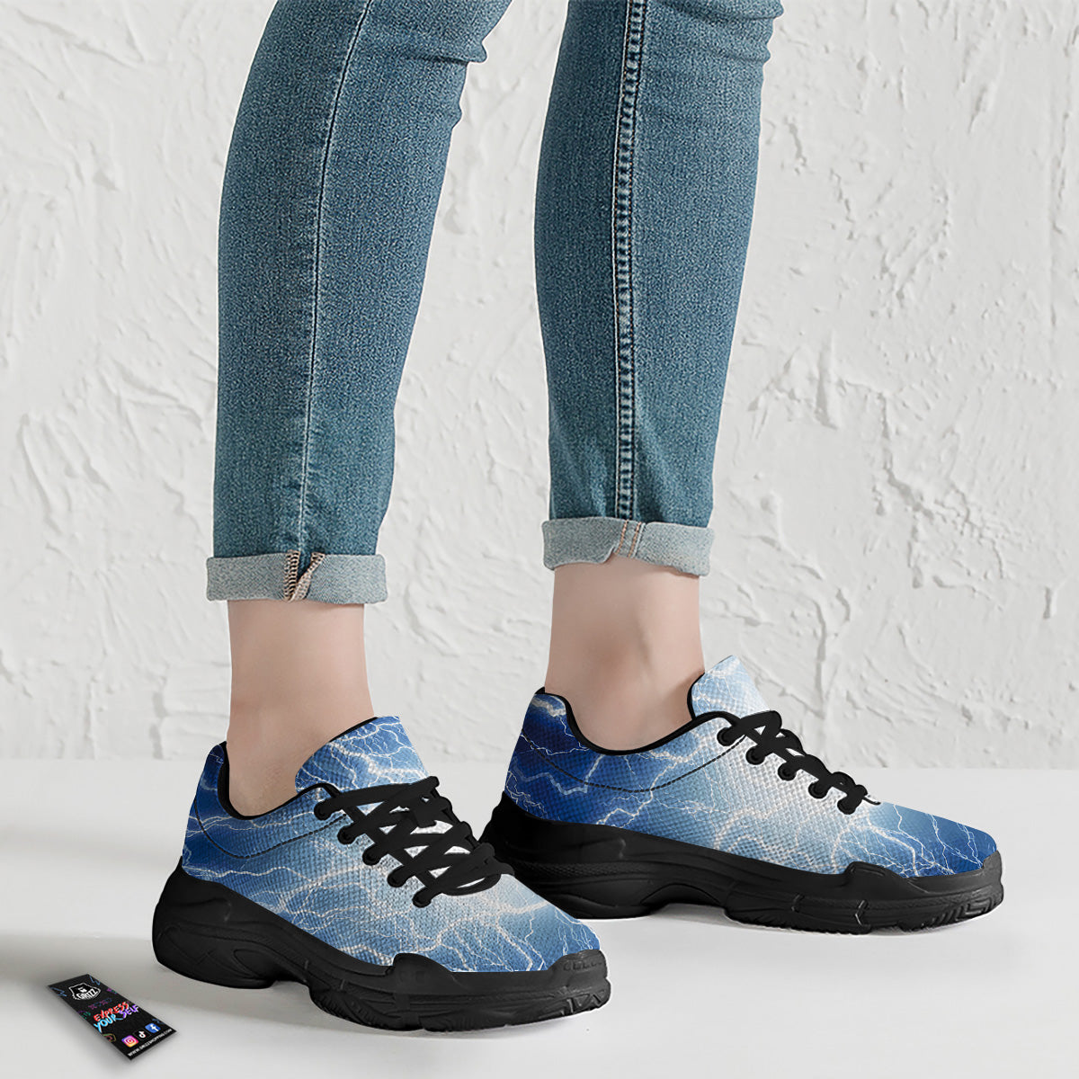Lightning Blue Print Black Chunky Shoes-grizzshop