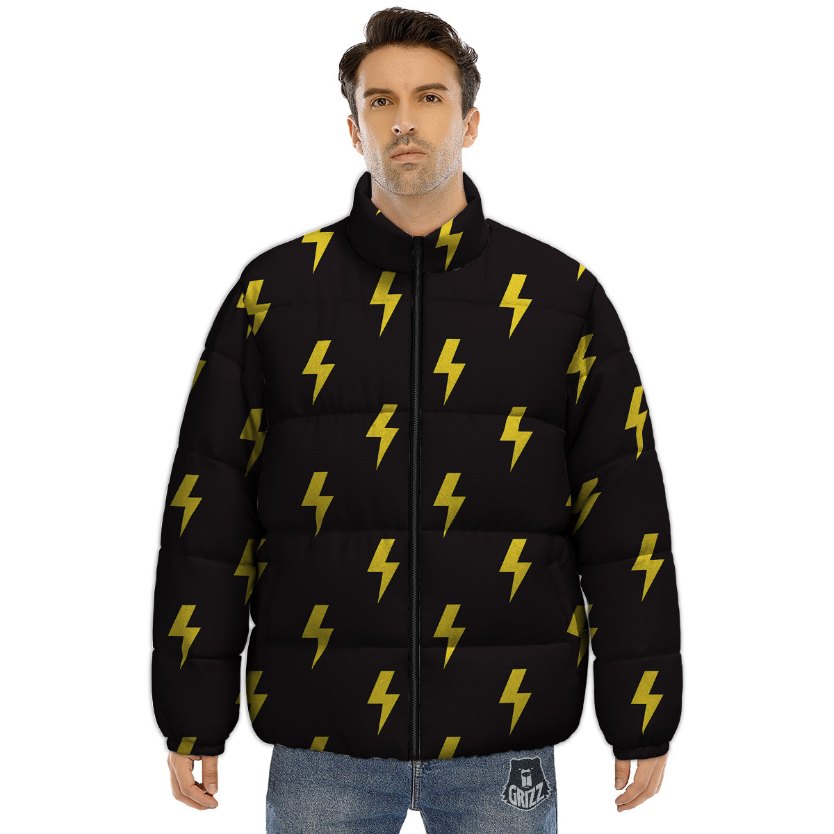 Lightning Bolts Yellow Print Pattern Puffer Jacket-grizzshop